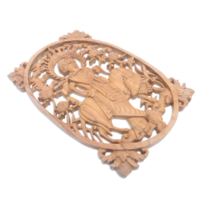 Wood relief panel, 'Krishna's Cow' - Hand Carved Suar Wood Krishna Relief Panel