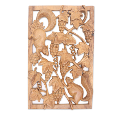 Wood relief panel, 'Hungry Squirrel' - Squirrel and Grape Vine Wood Relief Panel