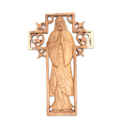 Wood relief panel, 'Blessed Jesus' - Christian-Themed Suar Wood Relief Panel