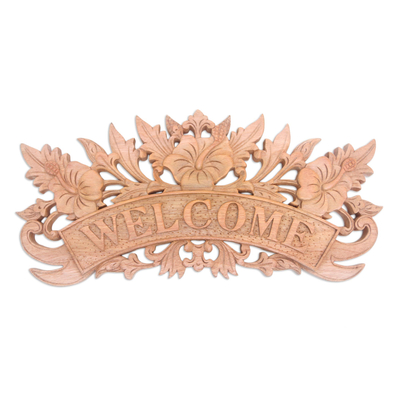 Wood wall sign, 'Welcoming Hibiscus' - Hibiscus Flower-Themed Suar Wood Wall Sign
