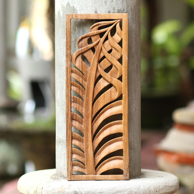 Wood relief panel, 'Cooling Palm' - Handmade Relief Panel with Palm Leaf Motif