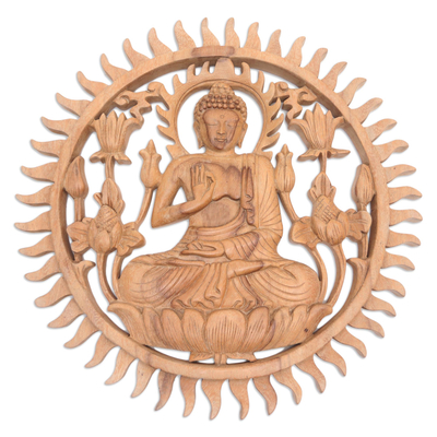 Reliefplatte aus Holz - Relieftafel mit Meditationsmotiv aus Suar-Holz