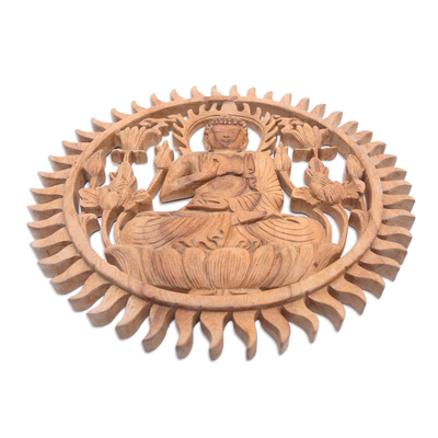 Reliefplatte aus Holz - Relieftafel mit Meditationsmotiv aus Suar-Holz
