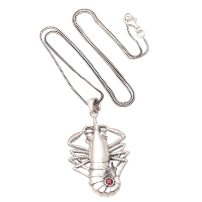 Garnet pendant necklace, 'Scuttle' - Garnet Lobster Pendant Necklace