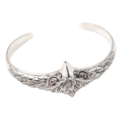 Amethyst cuff bracelet, 'All Knowing' - Amethyst and Sterling Silver Owl Cuff Bracelet