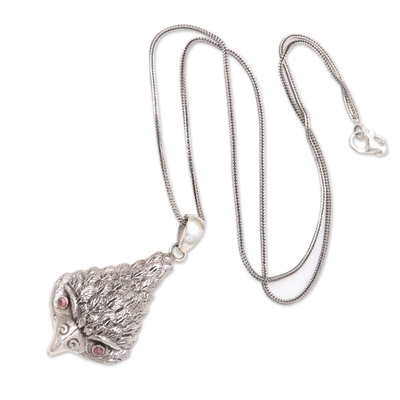 Amethyst pendant necklace, 'All Knowing' - Amethyst and Sterling Silver Owl Pendant Necklace