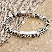 Men's sterling silver pendant bracelet, 'Silver Gentleman' - Men's Sterling Silver Cuban Link Chain Bracelet