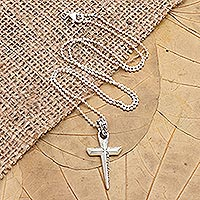 Men's sterling silver pendant necklace, 'Crossed Lines' - Men's Sterling Silver Cross Pendant Necklace
