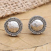 Sterling silver button earrings, 'Shimmering Gong' - Hand Crafted Sterling Silver Button Earrings