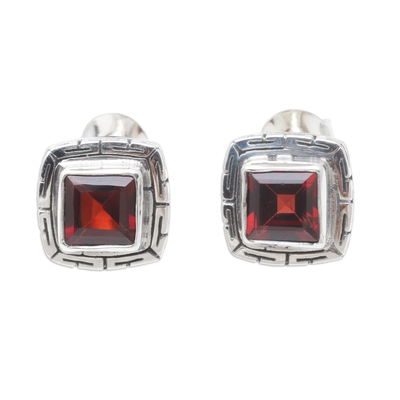 Garnet button earrings, 'Courage to Love' - Sterling Silver and Faceted Garnet Button Earrings