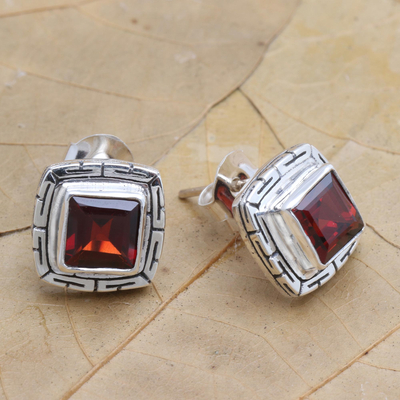 Garnet button earrings, 'Courage to Love' - Sterling Silver and Faceted Garnet Button Earrings