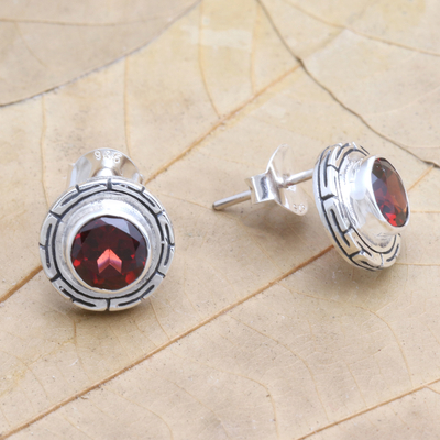 Garnet button earrings, 'Red Rising' - Garnet and Sterling Silver Button Earrings