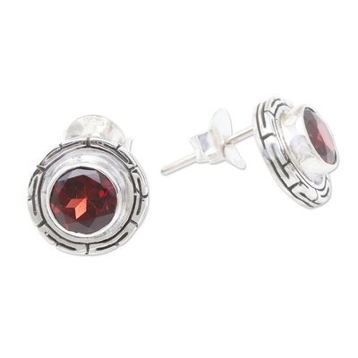 Garnet button earrings, 'Red Rising' - Garnet and Sterling Silver Button Earrings
