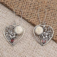 Garnet dangle earrings, 'Moon Love' - Garnet Moon and Heart-Themed Dangle Earrings