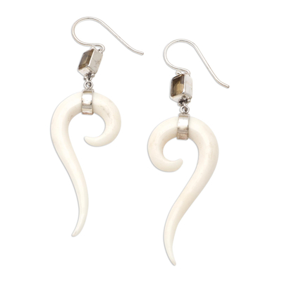 Citrine dangle earrings, 'Couple Love' - Balinese Bone and Citrine Dangle Earrings