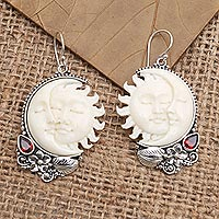 Garnet dangle earrings, 'Celestial Siblings' - Hand Crafted Sun and Moon Dangle Earrings