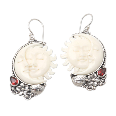 Garnet dangle earrings, 'Celestial Siblings' - Hand Crafted Sun and Moon Dangle Earrings