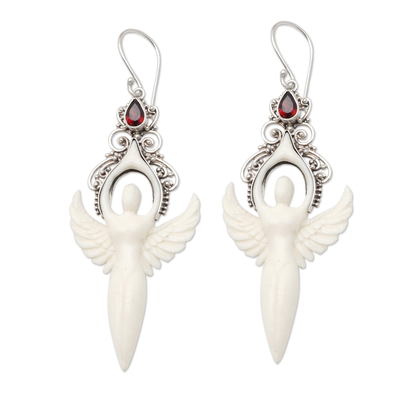 Garnet dangle earrings, 'Twin Angels' - Garnet and Sterling Silver Angel Dangle Earrings
