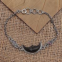 Pulsera de eslabones de granate, 'Midnight Crescent' - Pulsera de eslabones de luna creciente de amatista y hueso