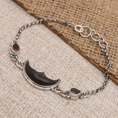 Garnet link bracelet, 'Midnight Crescent' - Amethyst and Bone Crescent Moon Link Bracelet