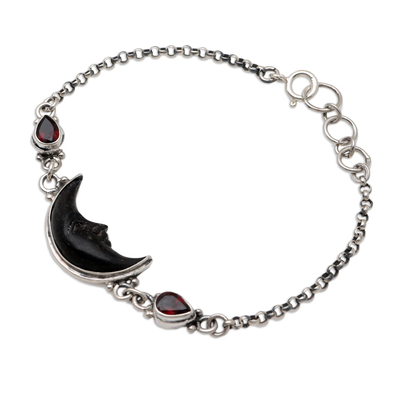Garnet link bracelet, 'Midnight Crescent' - Amethyst and Bone Crescent Moon Link Bracelet