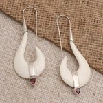 Garnet dangle earrings, 'White Rider' - Hand Crafted Bone and Garnet Dangle Earrings
