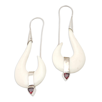 Garnet dangle earrings, 'White Rider' - Hand Crafted Bone and Garnet Dangle Earrings