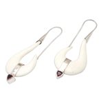 Garnet dangle earrings, 'White Rider' - Hand Crafted Bone and Garnet Dangle Earrings