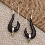 Peridot dangle earrings, 'Black Rider' - Handcrafted Bone and Peridot Dangle Earrings