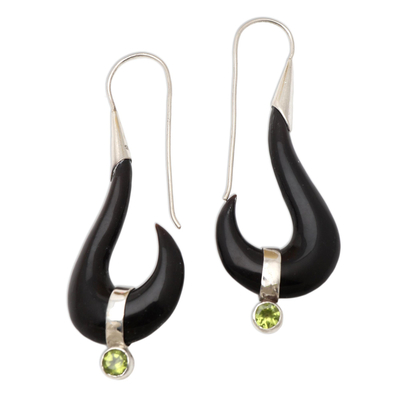 Peridot dangle earrings, 'Black Rider' - Handcrafted Bone and Peridot Dangle Earrings
