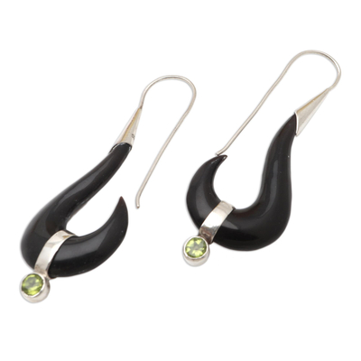 Peridot dangle earrings, 'Black Rider' - Handcrafted Bone and Peridot Dangle Earrings