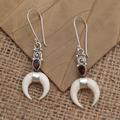 Garnet dangle earrings, 'Blood Red Moon' - Hand Made Bone and Garnet Dangle Earrings