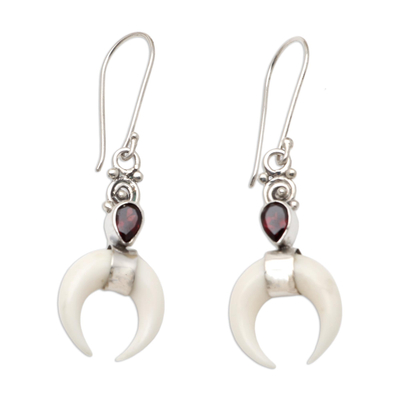 Garnet dangle earrings, 'Blood Red Moon' - Hand Made Bone and Garnet Dangle Earrings