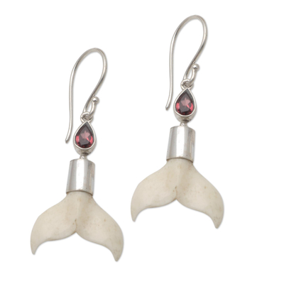 Garnet dangle earrings, 'Mermaid Swim' - Garnet and Bone Mermaid Tail Dangle Earrings