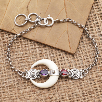Garnet and amethyst link bracelet, 'Strong Moonlight' - Hand Made Garnet and Amethyst Link Bracelet