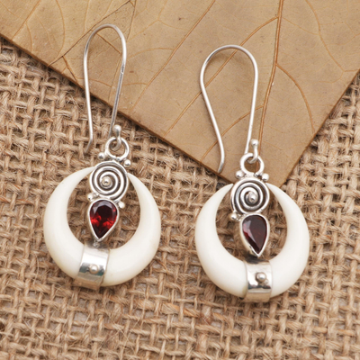 Garnet dangle earrings, 'Bright Crescent' - Handmade Garnet and Sterling Silver Dangle Earrings