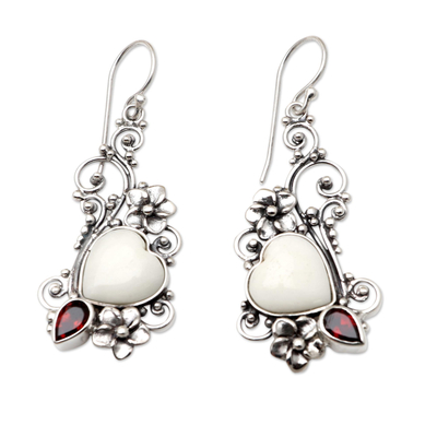 Garnet dangle earrings, 'Love Grows Strong' - Garnet and Bone Heart-Shaped Dangle Earrings