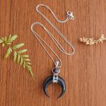 Garnet pendant necklace, 'Mysterious Crescent' - Sterling Silver and Garnet Pendant Necklace