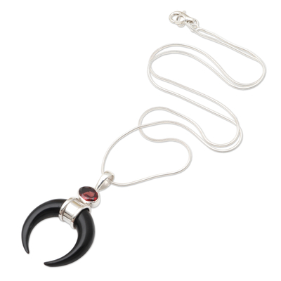 Garnet pendant necklace, 'Mysterious Crescent' - Sterling Silver and Garnet Pendant Necklace