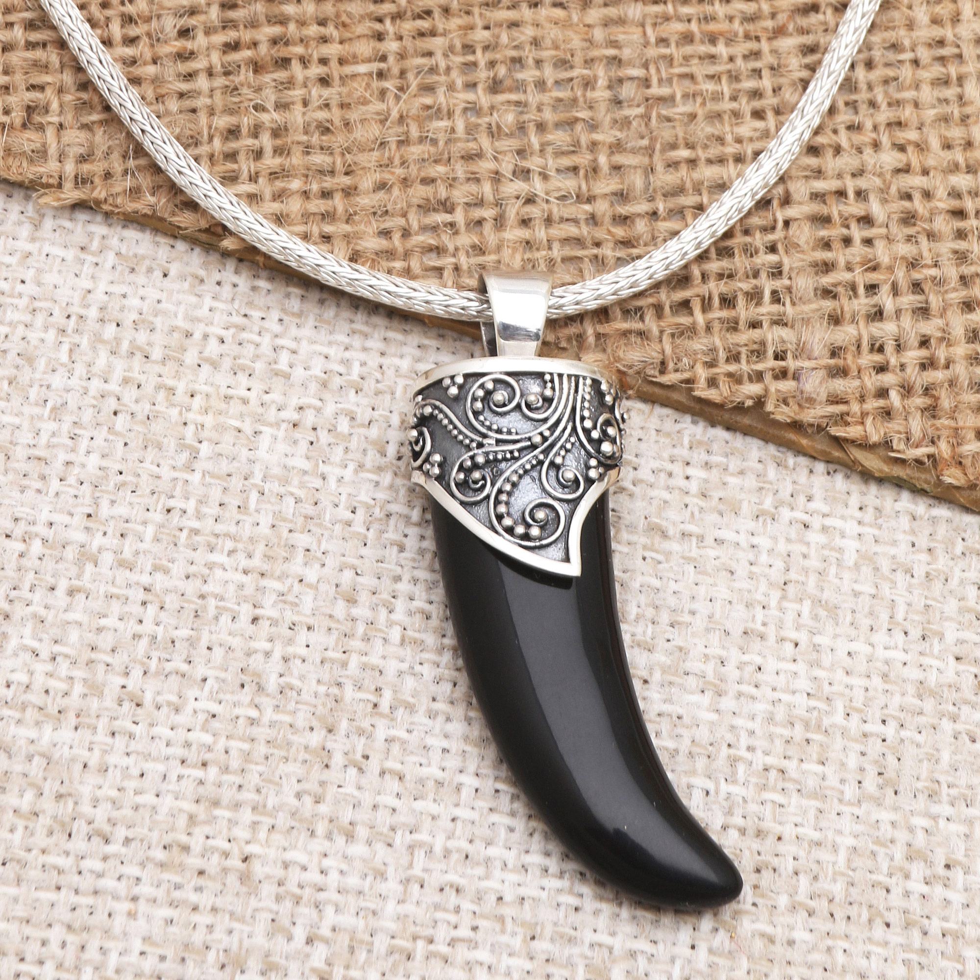 Men's Sterling Silver Pendant Necklace - Black Tiger Tooth | NOVICA