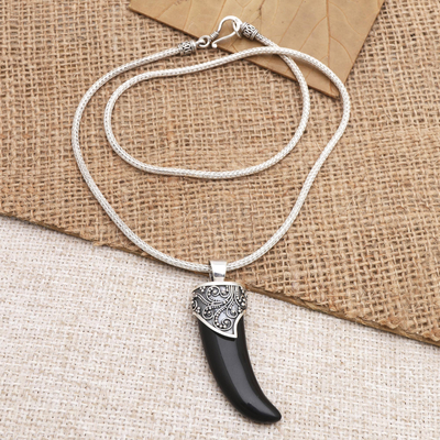 Men's sterling silver pendant necklace, 'Black Tiger Tooth' - Men's Sterling Silver Pendant Necklace