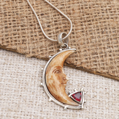 Garnet pendant necklace, 'Sunset Moon' - Garnet and Sterling Silver Crescent Moon Pendant Necklace