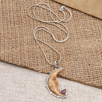 Garnet pendant necklace, 'Sunset Moon' - Garnet and Sterling Silver Crescent Moon Pendant Necklace