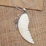 Garnet pendant necklace, 'Pale Angel' - Garnet and Sterling Silver Angel Wing Pendant Necklace