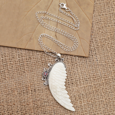 Garnet pendant necklace, 'Pale Angel' - Garnet and Sterling Silver Angel Wing Pendant Necklace