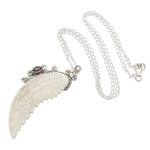 Garnet pendant necklace, 'Pale Angel' - Garnet and Sterling Silver Angel Wing Pendant Necklace