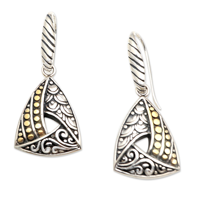 Gold-accented dangle earrings, 'Rising Pyramid' - Handmade Gold-Accented Sterling Silver Dangle Earrings
