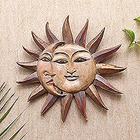 Wood relief panel, 'Shine and Moon' - Sun and Moon Wood Relief Panel