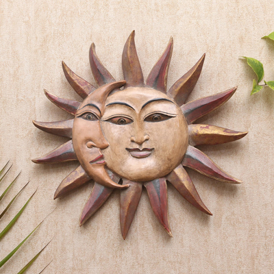 Fair Trade Hand Carved Made Wooden Sun Moon Wall Art Plaque Ornament Sculpture