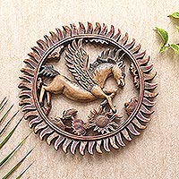Wood relief panel, 'Flying Pegasus' - Hand Painted Pegasus Wood Relief Panel
